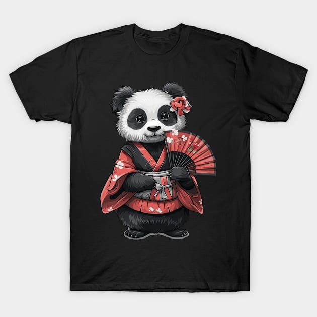 Panda as Japanese Geisha holding Fan - Panda Bear Japanese T-Shirt by Anassein.os